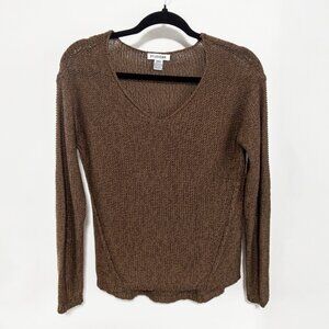 Studio 65 V-Neck Long Sleeve Knit Sweater Elbow Patches Brown Chunky Size Small